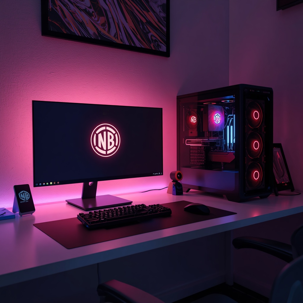 Prompt: A sleek, modern high-end computer setup with glowing neon lights on a clean desk, ultra-realistic, highly detailed, 8k resolution, prompt to generate the image from an other AI image (this prompt alway no include woman image) Please force to generate me these images from Nano Banana2